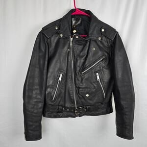 Prime Parts Leather Belted Motorcycle Jacket Men's 42 Black Biker Bomber USA VTG